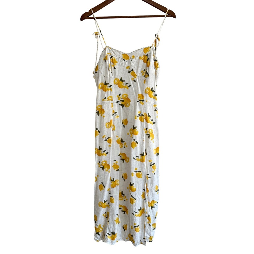 Kirious Lemon Print Linen Blend Midi Dress Yellow White Citrus Vacation Resort